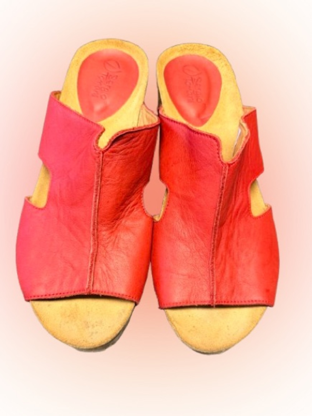 Sergio Tomani Red Leather Cork Wedge Mule Sandals Size 39 Boho